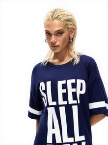 口号图案落肩睡衣睡裙 - 藏蓝色 - 查看 7