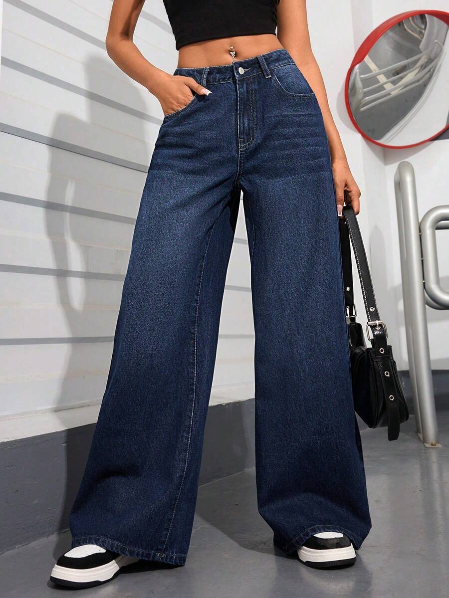 SHEIN PETITE Quần jeans ống rộng, giặt mài, phong cách thường ngày - Rửa tối - Xem 1