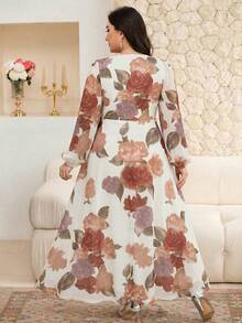 Modelyn Plus Size Women Floral Contrast Lace V-Neck Lantern Sleeve Elegant Dress - Apricot - View 2