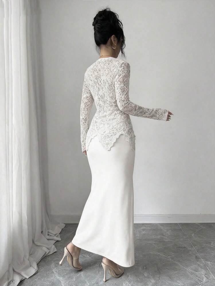 Modelyn Square Neck Lace Patchwork Button Waist Fitted Midi Dress For Women - White - View 2