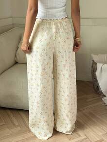 CovetEZ Quần ống rộng màu mơ in hoa, chất liệu 100% cotton, bộ đồ vải lanh thường ngày lãng mạn dành cho nữ, mùa hè. - Màu be - Xem 2