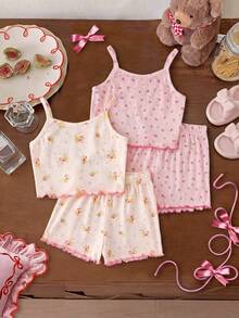 2 chiếc Dozemod Young Girl Girls Ditsy Floral Frill Hem Camisole Shorts Casual Comfort Pyjama Set - Nhiều màu - Xem 2