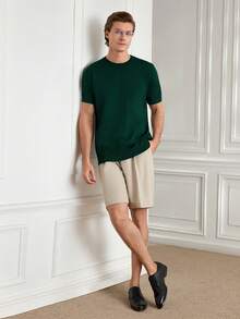 Officeau Suéter de punto de manga corta de unicolor informal para hombres, para primavera/verano - Verde Oscuro - Ver 6