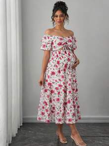 Momance 孕妇优雅印花露肩抽绳褶皱短款上衣和高腰层叠下摆半身裙两件套，夏季 - 彩色 - 查看 3