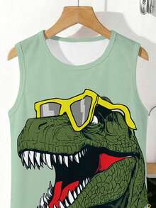 Tween Boy Sage Green Dinosaur Pattern 2-Piece Tank Top And Shorts Set,Summer Casual Beach Holiday Vacation Style Camouflage Soft Comfortable Outfit - Multicolor - View 4