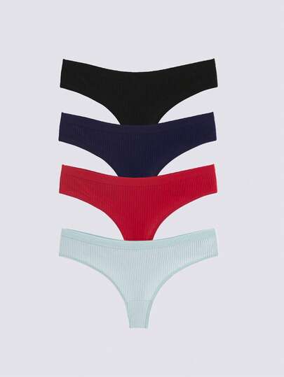 4 条装/包女式纯色丁字裤，柔软透气高弹力，舒适亲肤日常穿着，超宽腰带设计，罗纹，低腰