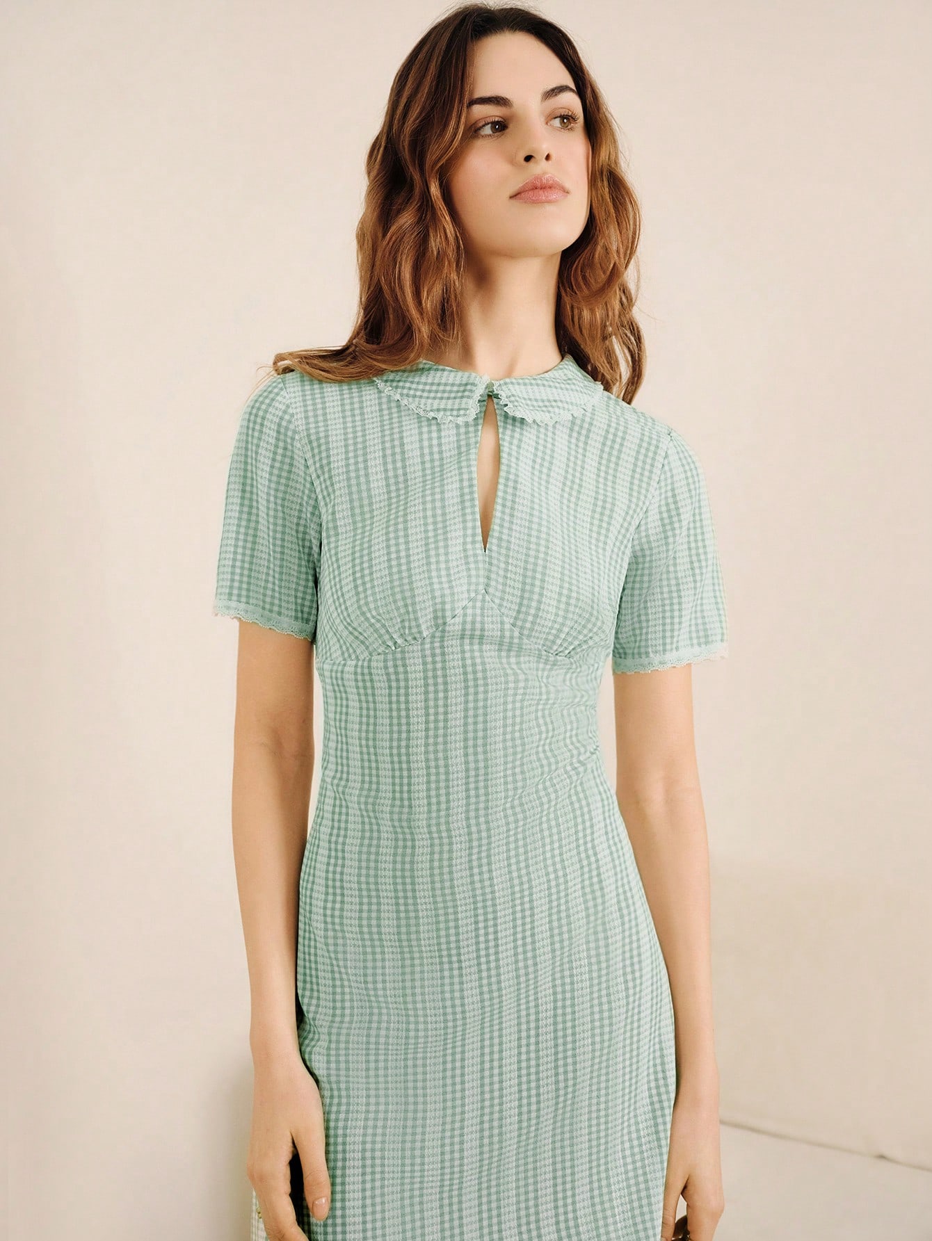 Sage Green Check Print Mini Dress With Keyhole Neck And Collar With Lace Trim Detail Spring Summer French Style Parisian Style Vacation Boho Dress Business Casual