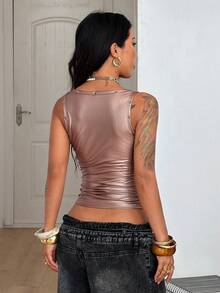 Coolane 女士春夏节日街头复古Y2K基础款翻领弹力背心 - 藕粉色 - 查看 6