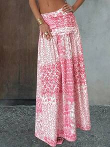 Aloruh 优雅浪漫约会之夜、婚礼季、海滩度假波西米亚风印花低腰百褶飘逸半身裙，粉色波西米亚风半身裙，性感海滩风 - 粉色 - 查看 2