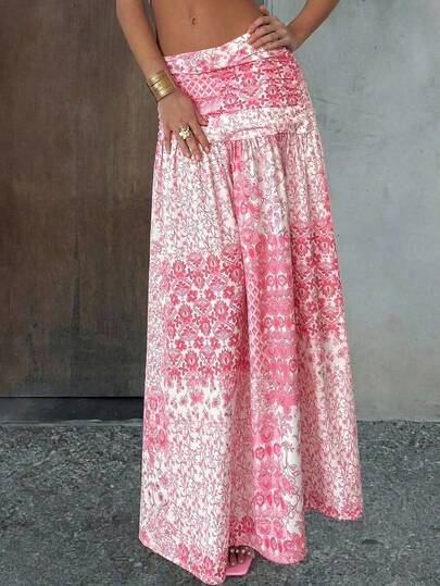 Aloruh Elegant Romantic Date Night, Wedding Season, Beach Vacation Bohemian Print Low Waist Pleated Flowy Skirt, Pink Boho Skirt, Sexy Beach
