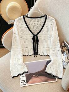 Franclia 新款纯色镂空钩编蕾丝轻薄开衫，女士百搭外套 - 黑與白 - 查看 5