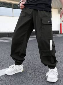 SHEIN Tween Boys' Casual Comfortable Elastic Waist Loose Solid Color Woven Pants - Black - View 6