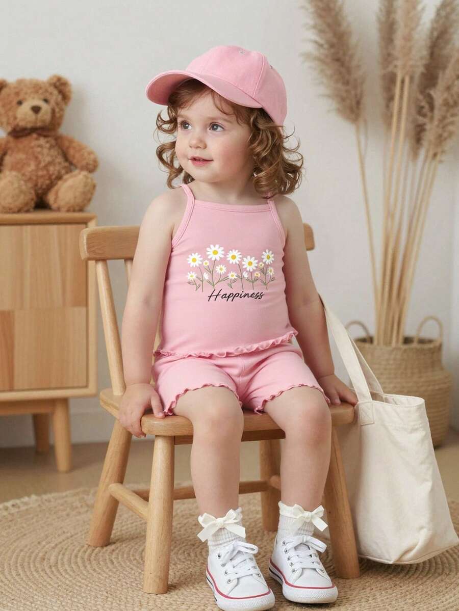 Baby Girls' Spaghetti Strap Daisy Print Outfit, Summer Toddler Girls' Ruffle Hem Tank Top And Shorts 2 Piece Set, Comfortable And Cute, Suitable For Casual Daily Wear, Spring, Summer, Autumn, Winter - White - View 1