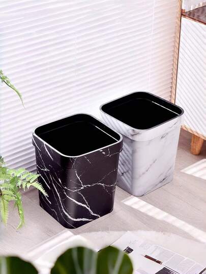 Household Wood-Grain Textured Trash Can With Pressure Ring, Bathroom, Hotel, Restaurant, Guesthouse, Paper Basket, Square Trash Can