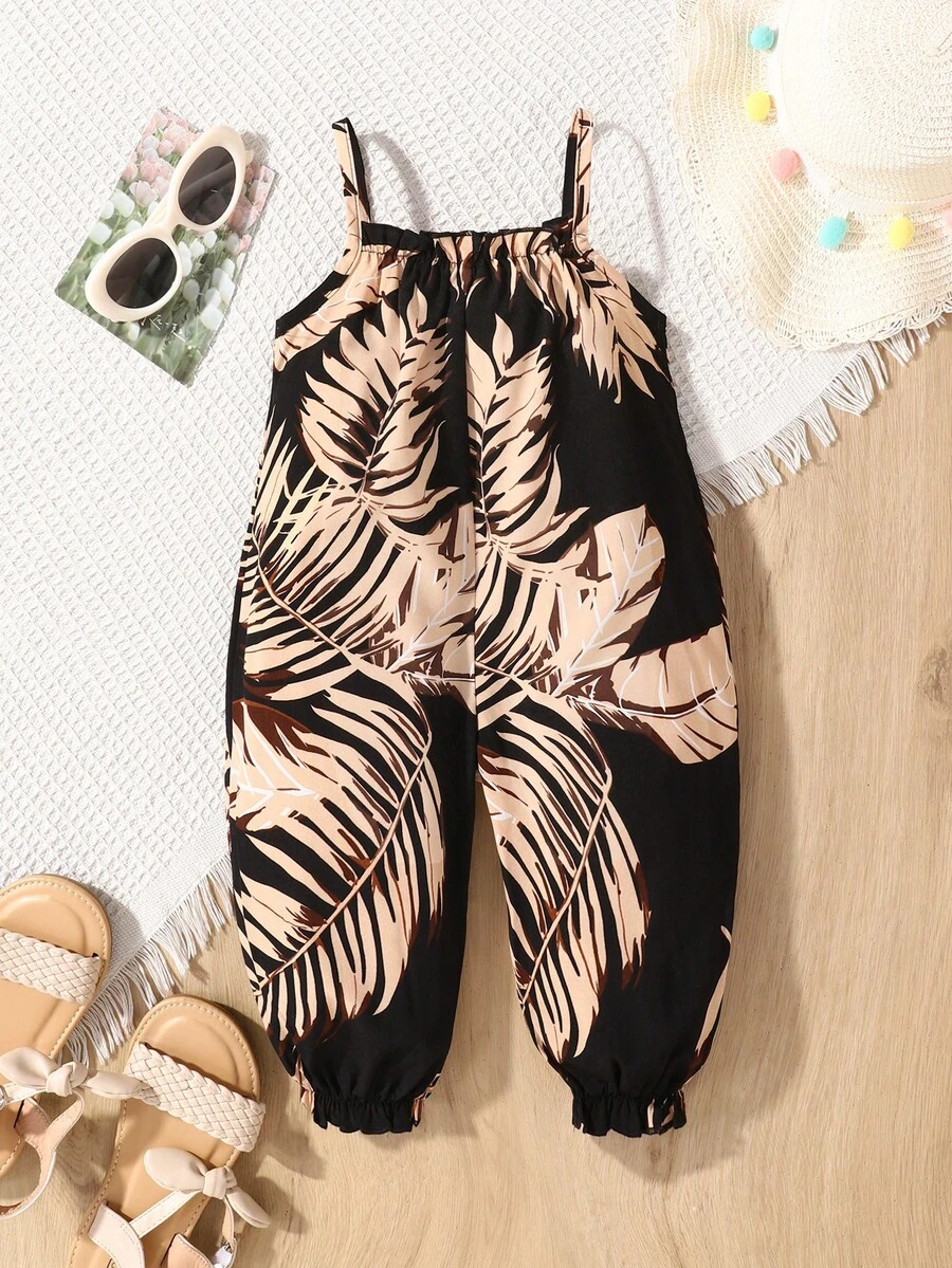 Bộ áo liền quần in họa tiết cây nhiệt đới cho bé gái, thích hợp mặc hàng ngày và đi nghỉ mát. - Màu be - Xem 1