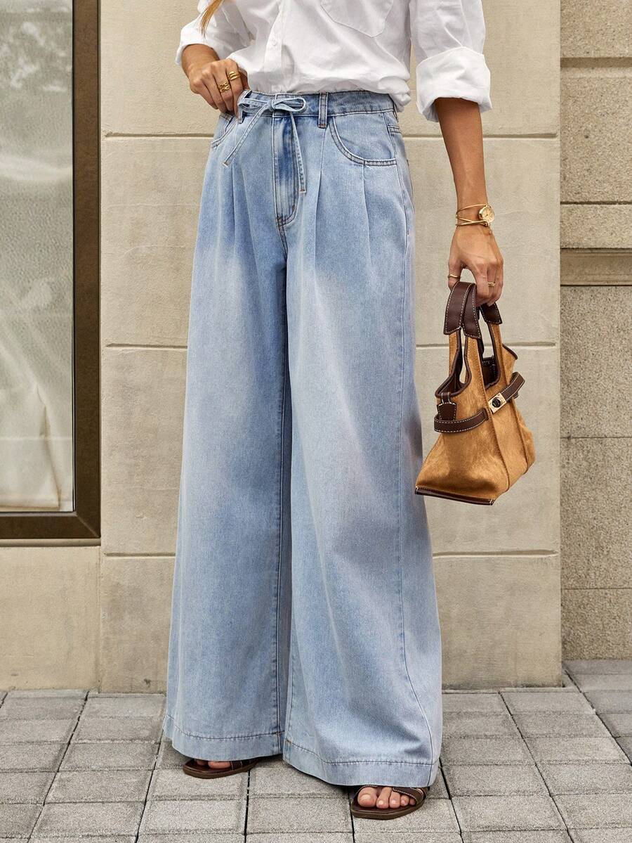 Selenza 女士优雅褶裥阔腿牛仔裤，夏季 - 淺色水洗藍 - 查看 1