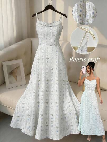 Franclia 女士优雅度假风花卉珍珠装饰吊带A字连衣裙，适合通勤和度假，海洋印花白色连衣裙