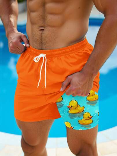 VIVINTIMO Pantalones cortos de playa de 2 en 1 con forro de seda de leche y estampado de dibujos animados divertidos con cordón en la cintura para hombres