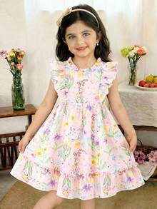 SHEIN Playful Pals 少女淡粉色仙女夏日洋裝，兔子印花雪紡荷葉袖公主裙，適合生日拍照、派對、上學、日常穿著 - 粉色 - 查看 7