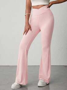 SHEIN Teenager Mädchen solide rosa Hose mit hoher Taille und Weitung, geeignet für Zuhause, Lässig, Outdoor Sport - Pink - Übersicht 3