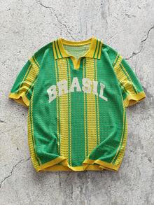EVRINFINITE Top de punto calada con estampado de letras y rayas de color contrastante para hombres - Verde - Ver 3
