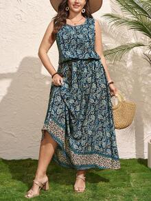 Comfylo Plus Size Casual Boho Cashew Flower Print Sleeveless Dress Holiday Outfits For Women Dresses Beach Holiday Vacation Dress Outfits Women Dresses Summer Dresses For Women Mother's Day Zanea Dress For Woman Yisikado Dress Z9v7r Ladies Dresses Women Dress Elegant Dress Resort Wear Women Dress Navy Blue Floral - Blue - View 6