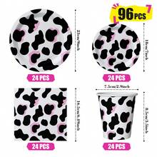 Pink Cow Print Disposable Plates, Napkins And Cups, Party Supplies Set, Serves 24 People, Disposable Paper Party Tableware, Suitable For Birthdays, Weddings, Theme Parties, Family Picnics. - View 2