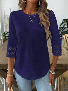 EMERY ROSE Women Solid Color Casual Crew Neck Hollow Out Sleeve Tee Graphic Tees Women Tops - Navy Blue - View 4