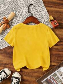 男童休闲简约圆领T恤，适合夏季穿着，经典酷炫像素卡通小鸡印花，“啦啦啦熔岩小鸡” - 黃色 - 查看 3