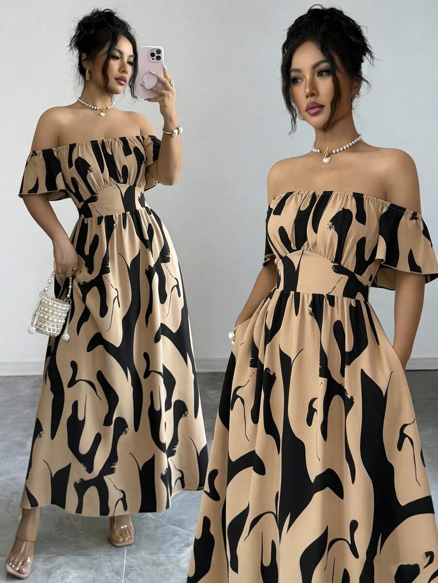 Elenzga Mẫu đầm dài trễ vai thanh lịch mới về dành cho nữ - Màu Khaki - Xem 1
