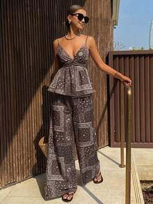 Livesso 2件套女士度假休闲吊带背心上衣和口袋裤 - 咖啡棕 - 查看 5