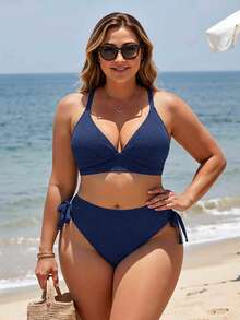 SHEIN Swim Vcay 大码纯色纹理面料可调节肩带比基尼套装 大码泳衣 比基尼上衣 女士比基尼套装 大码比基尼套装 女士大码泳装 - 藏蓝色 - 查看 4