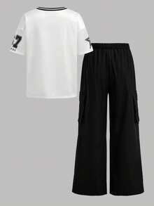 Girlism Tricou Tween pentru fete, negru, alb, stil american, cu slogan digital, casual, cu dungi, decolteu în V, umăr gol, tricou lejer și tricou cu grafică numerică, asortat cu pantaloni cargo cool cu picior drept și buzunar, set din 2 piese, ținută la modă pentru primăvară, vară, toamnă, set ținută de vacanță de vară - Alb-negru - Vizualizare 2