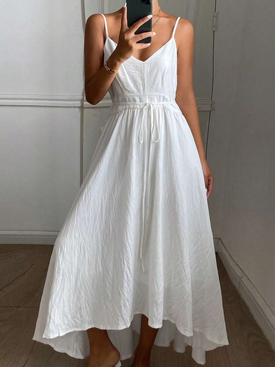 DAZY Women's Casual Solid Color Spaghetti Strap Dress, Summer - White - View 1
