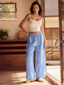 Lullawish Quần dài ống rộng kẻ caro dành cho nữ để mặc ở nhà. - Màu xanh nhạt - Xem 6