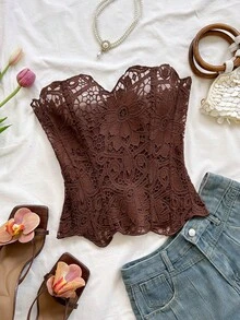 Soleia 女士水溶性蕾丝抹胸修身时尚上衣 - 咖啡棕 - 查看 1