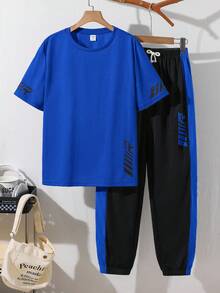SHEIN 2件套青少年男童/青少年男童休闲日常舒适印花圆领宽松短袖T恤和印花撞色直筒针织裤套装 - 寶藍色 - 查看 3