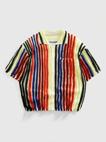 ROMWE MEN 条纹撞色针织纽扣前开襟休闲短袖上衣