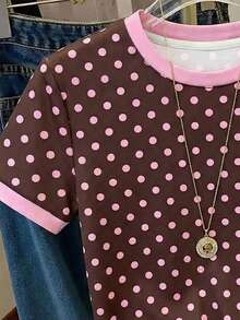 Resyla Women's Casual Polka Dot Print T-Shirt, Summer - Coffee Brown - View 4