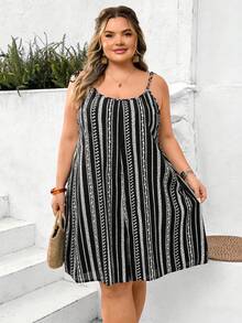 SHEIN CURVE+ Curve 尺码 US22 音乐节、海滨度假、波西米亚风女士休闲几何印花连体裤 - 黑與白 - 查看 3