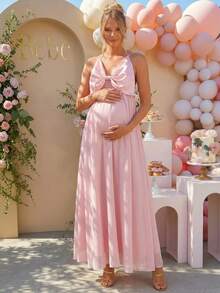 Loomaby Pregnant Women's Solid Color Bow Decor Sleeveless Halter Backless Elegant Dress Dress Gender Reveal Dress Maternity Dress Baby Shower Dress - Pink - View 7