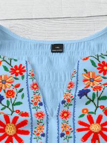 Linhara Plus Size Elegant Embroidery Digital Print Ruffle Sleeve Casual Vacation T-Shirt, Slimming Effect, Spring/Summer Spring Tops For Women Casual Boho Tops For Women Latest Tops For Women New Arrivals Blouse For Women Casual Blouses For Women Summer Summer Tops For Women Vacation Boho Tops For Women Vintage - Blue - View 7
