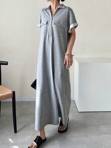 FRIFUL 女士高领直筒中长连衣裙，适合夏季都市通勤穿着 - 灰色 - 查看 2