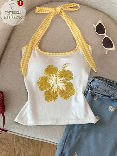 Resyla 女士印花露背系带休闲百搭日常上衣