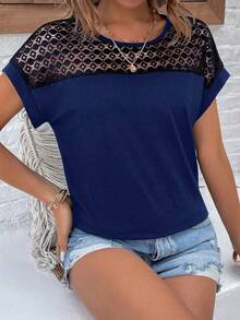 EMERY ROSE Women's Round Neck Lace Patchwork T-Shirt Graphic Tees Women Tops - Navy Blue - View 5
