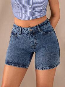 SHEIN Low Waist Regular Fit Medium Blue Snow Wash Casual Style Button Front Denim Short - Medium Wash - View 4