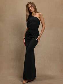 SHEIN BAE 秋冬酒红色不对称领口褶皱修身鱼尾连衣裙，优雅适合鸡尾酒会、浪漫约会、叠穿、派对、正式场合、夜间外出、婚礼宾客、万圣节、圣诞节等场合。 - 黑色 - 查看 6