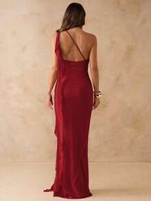 SHEIN BAE Vestido largo con volantes asimétricos, espalda descubierta y tela de malla, elegante vestido de playa para vacaciones, primavera/verano - Rojo - Ver 2