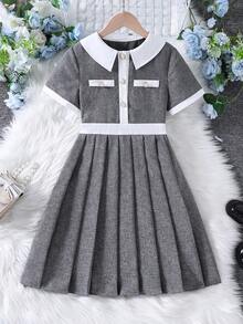 SHEIN 少女撞色褶皱休闲日常度假连衣裙 - 灰色 - 查看 3