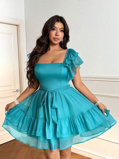 Vionelle Vestido midi de manga corta con lazo en la cintura, talla grande, suave y dulce